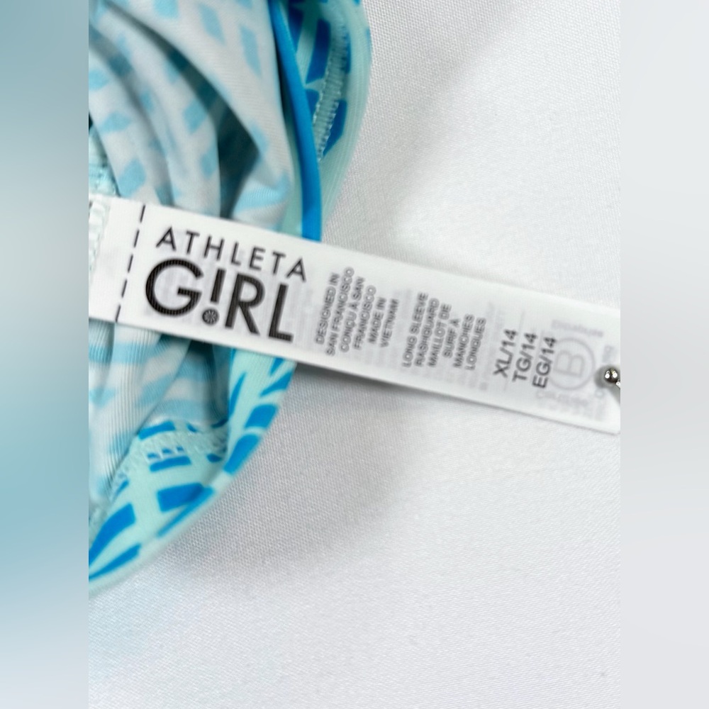 ATHLETA GIRL Blue Long Sleeve Rash Guard Swim Shirt Geometric Print Girls XL 14 - Picture 9 of 12